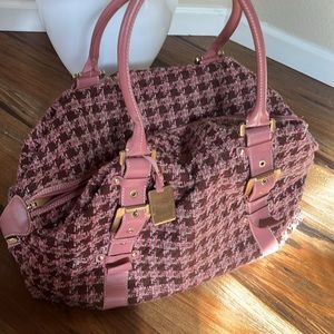Travel duffel bag pink plaid herringbone gold hardware